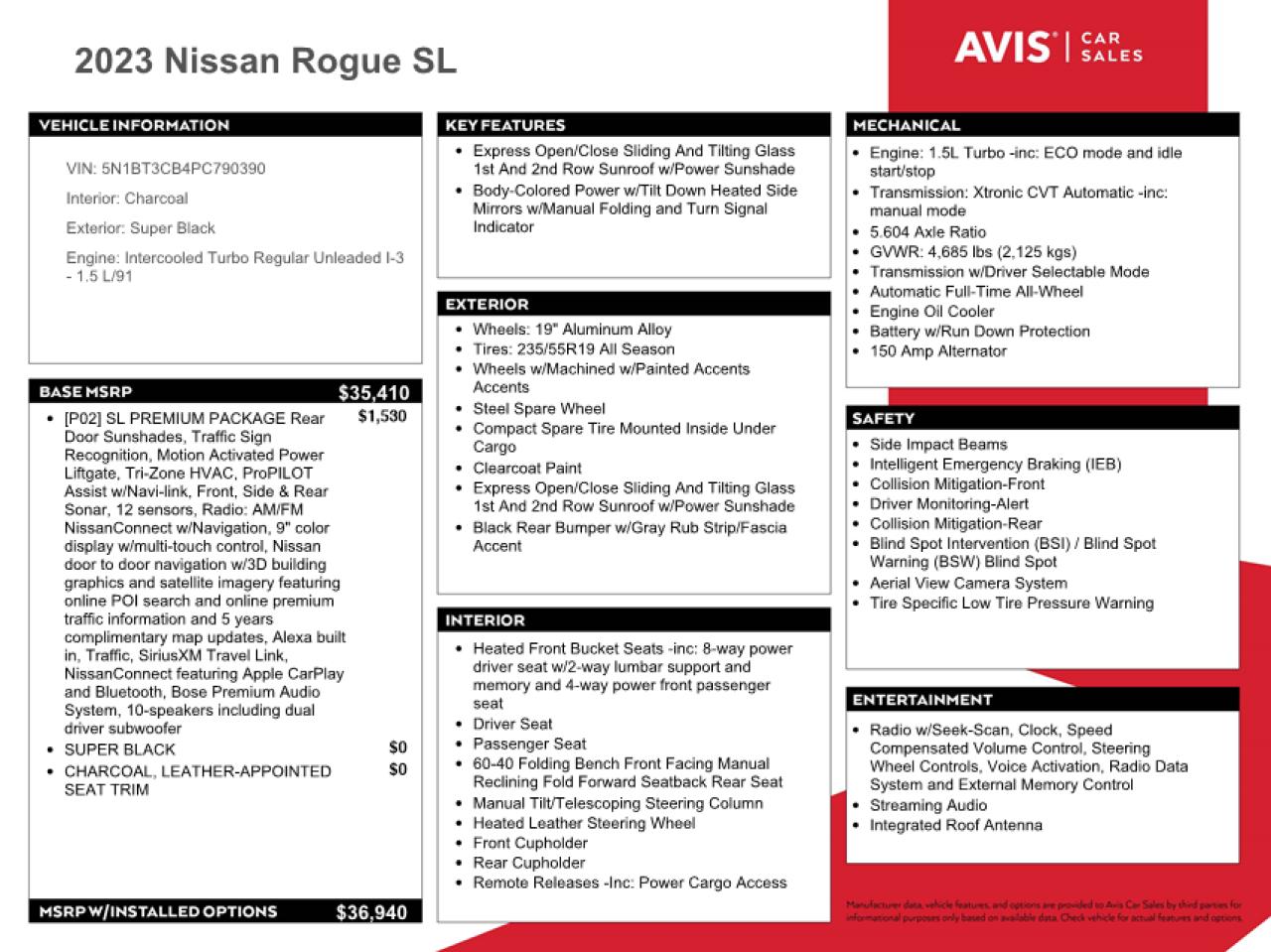 2023 NISSAN ROGUE SL VIN:5N1BT3CB4PC790390