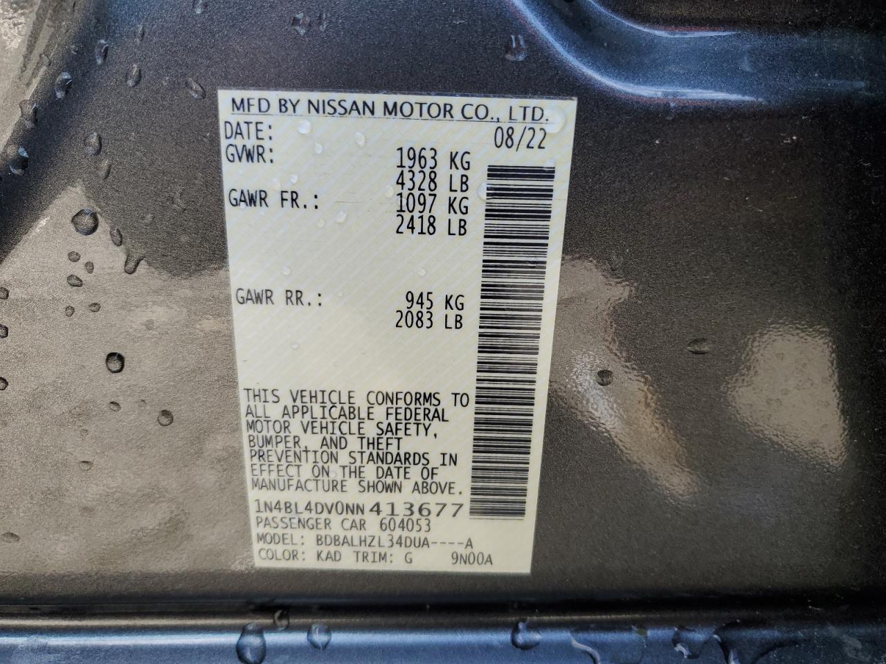 2022 NISSAN ALTIMA SV VIN:1N4BL4DV0NN413677