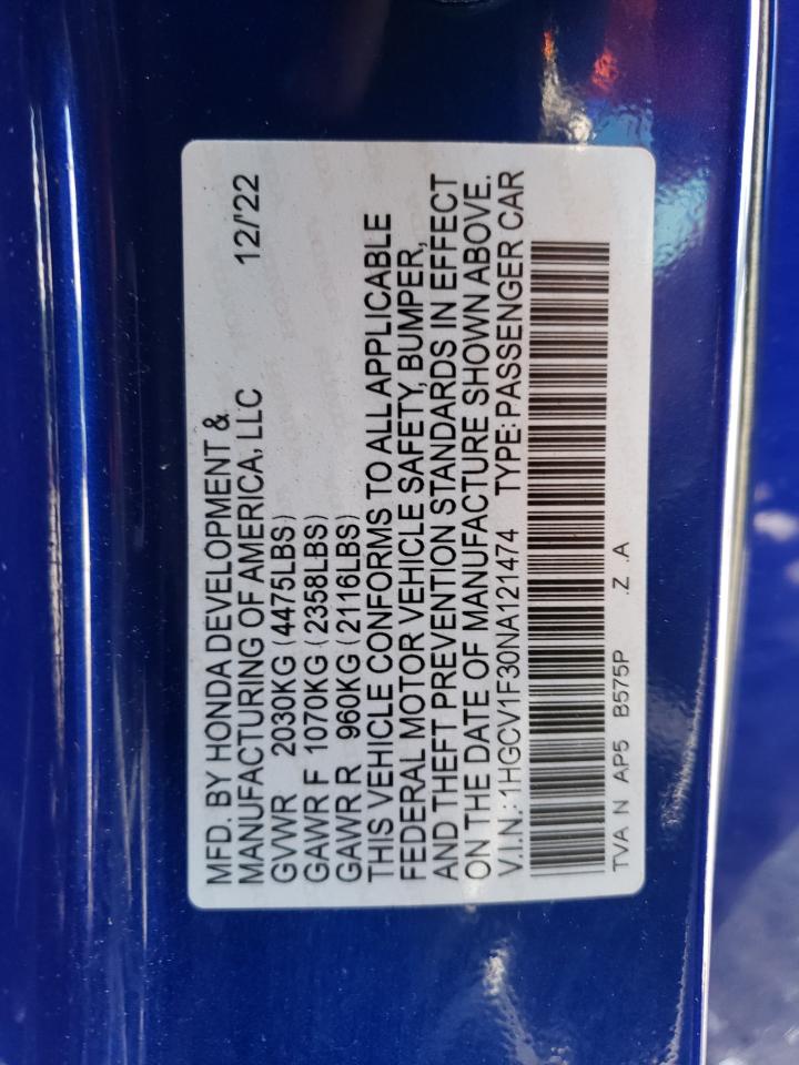 2022 HONDA ACCORD SPORT VIN:1HGCV1F30NA121474