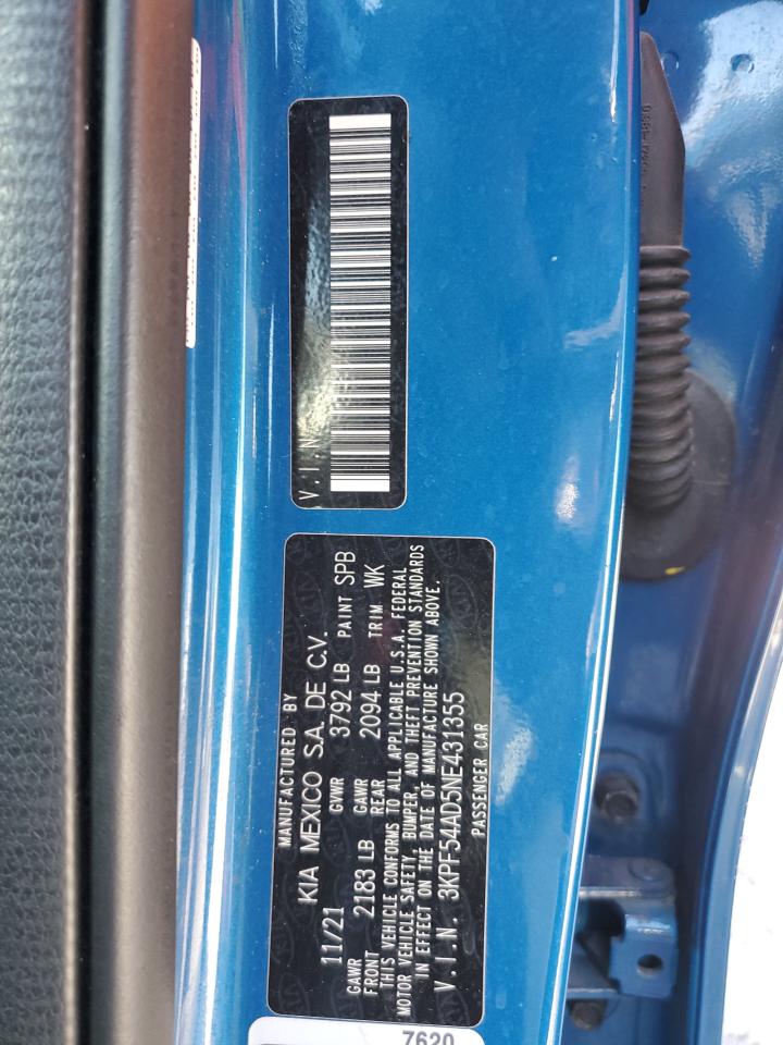 2022 KIA FORTE GT LINE VIN:3KPF54AD5NE431355