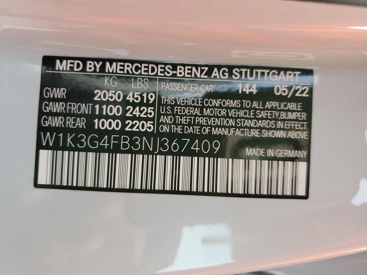 2022 MERCEDES-BENZ A 220 4MATIC VIN:W1K3G4FB3NJ367409