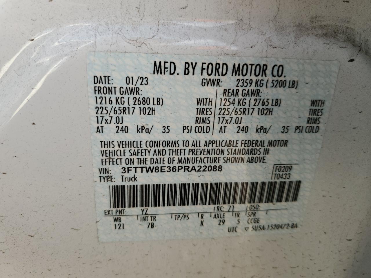 2023 FORD MAVERICK XL VIN:3FTTW8E36PRA22088