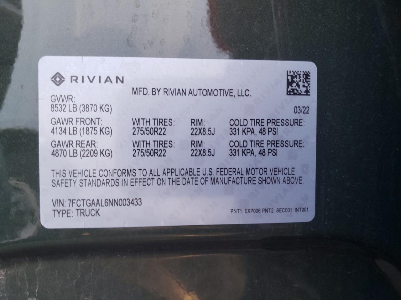 2022 RIVIAN R1T LAUNCH EDITION VIN:7FCTGAAL6NN003433