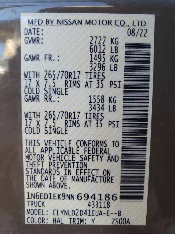 2022 NISSAN FRONTIER S VIN:1N6ED1EK9NN694186