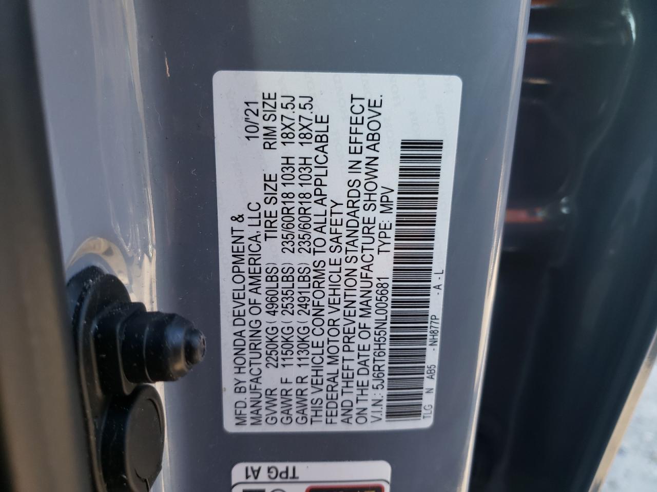 2022 HONDA CR-V EX VIN:5J6RT6H55NL005681