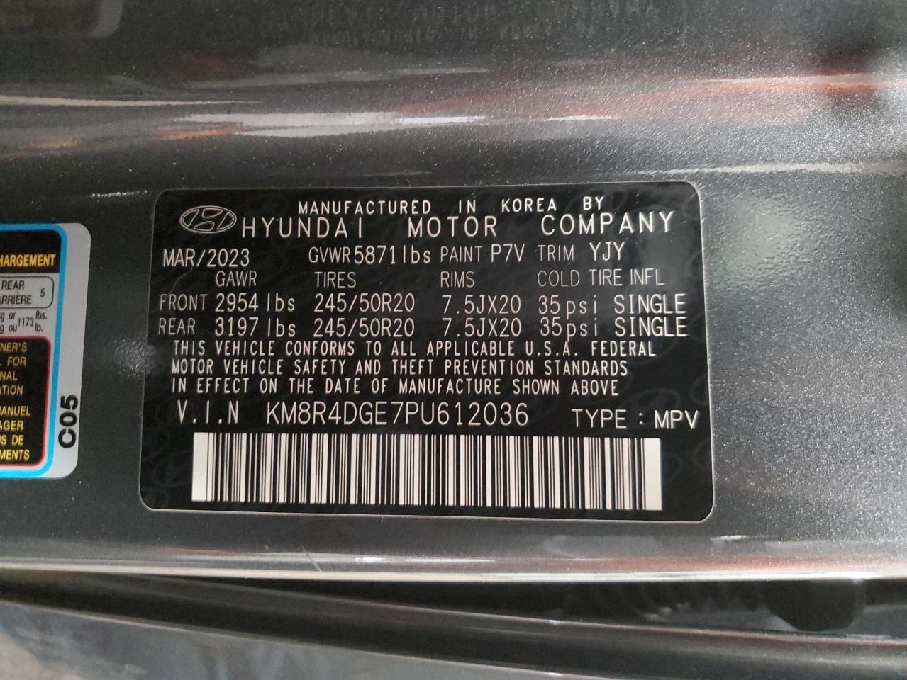 2023 HYUNDAI PALISADE SEL PREMIUM VIN:KM8R4DGE7PU612036