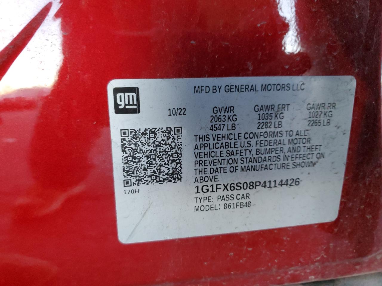 2023 CHEVROLET BOLT EV 2LT VIN:1G1FX6S08P4114426