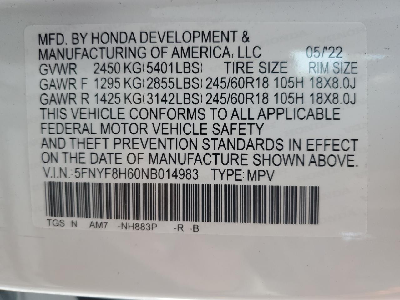 2022 HONDA PASSPORT TRAIL SPORT VIN:5FNYF8H60NB014983