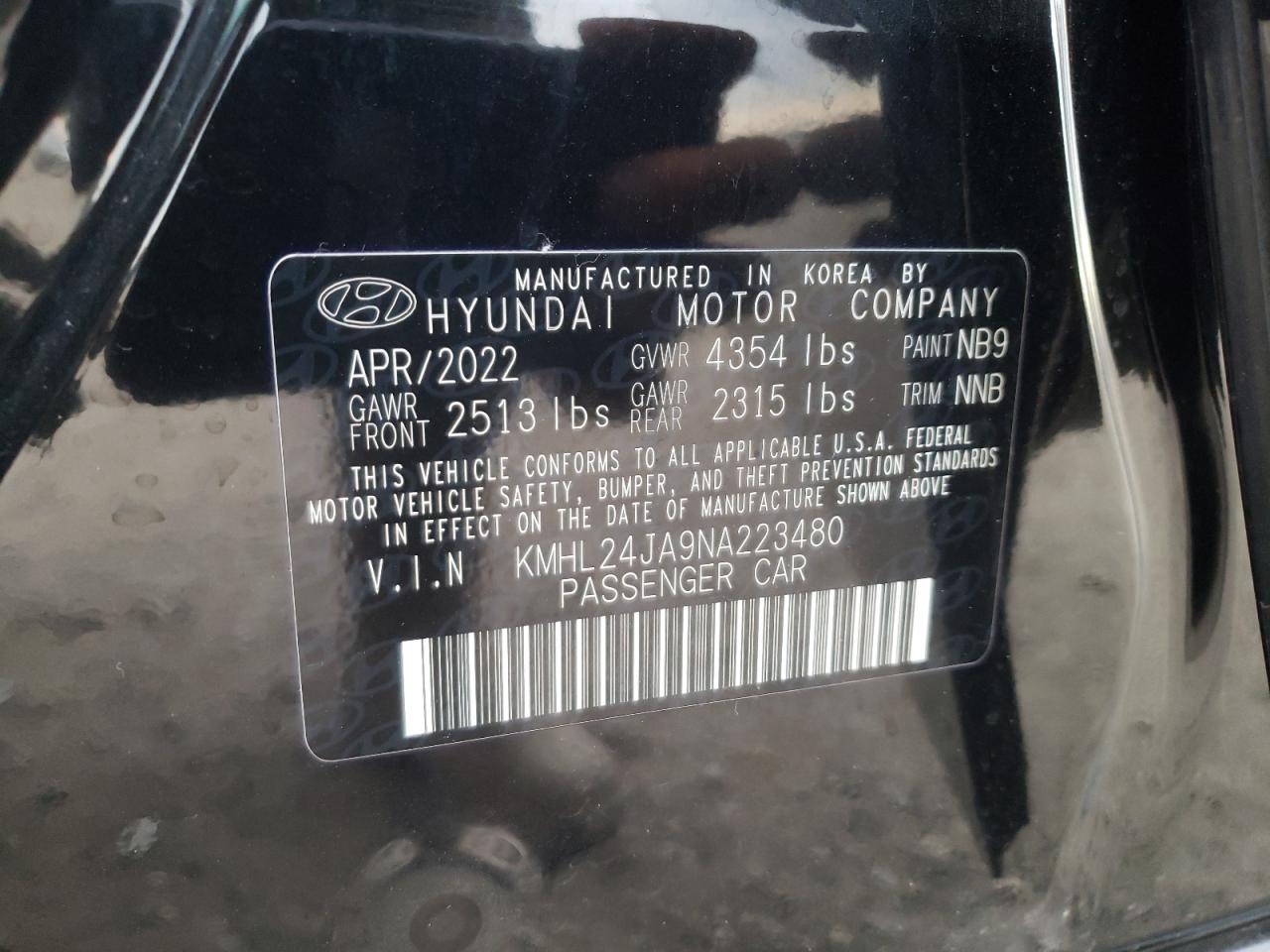 2022 HYUNDAI SONATA SE VIN:KMHL24JA9NA223480