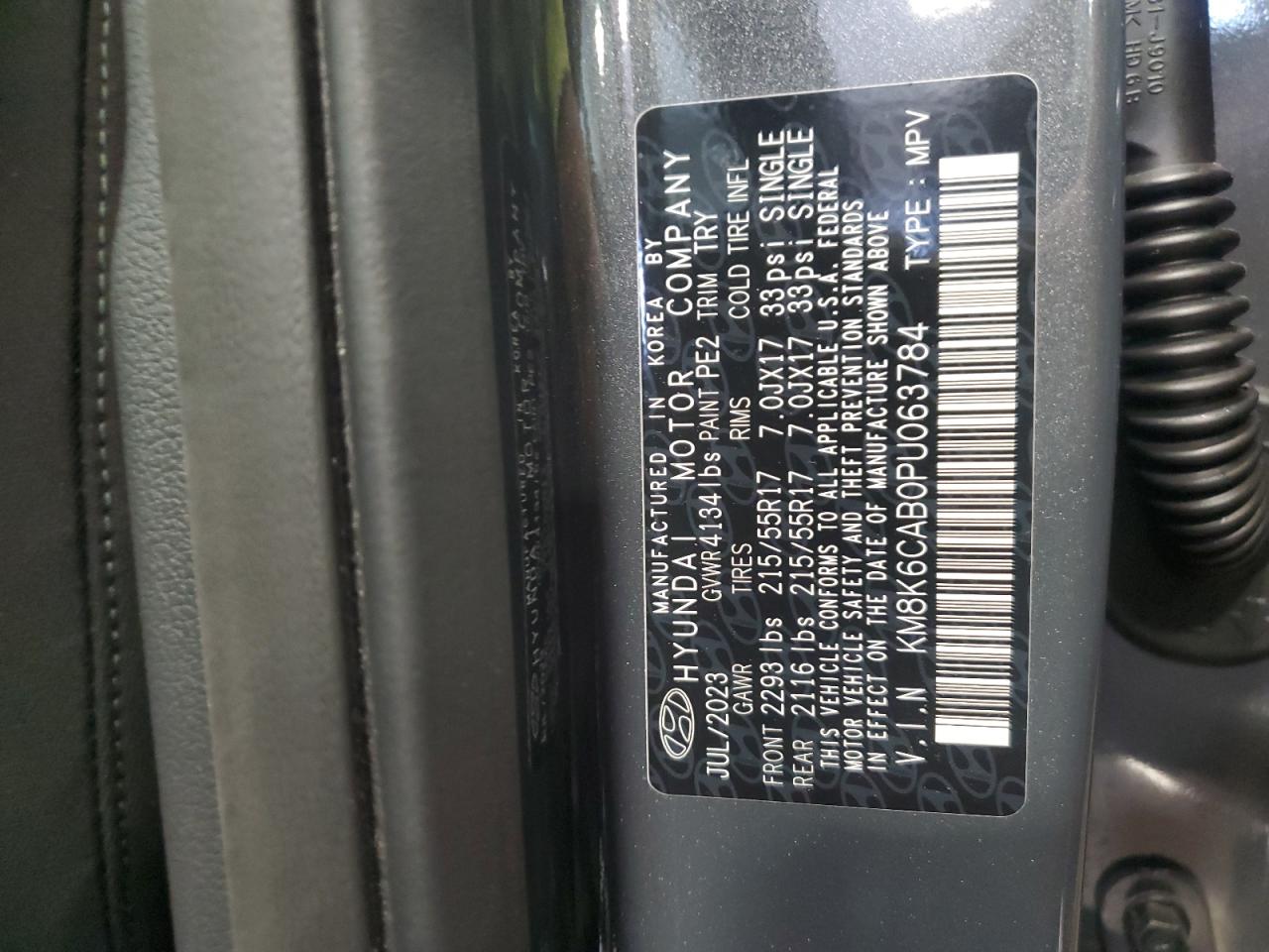 2023 HYUNDAI KONA SEL VIN:KM8K6CAB0PU063784