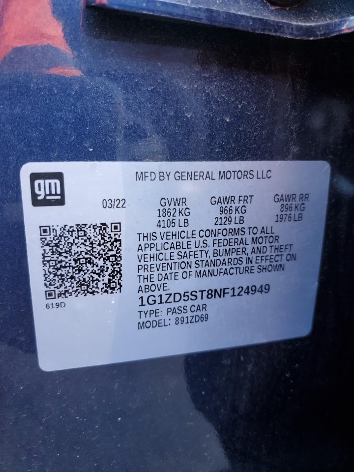 2022 CHEVROLET MALIBU LT VIN:1G1ZD5ST8NF124949