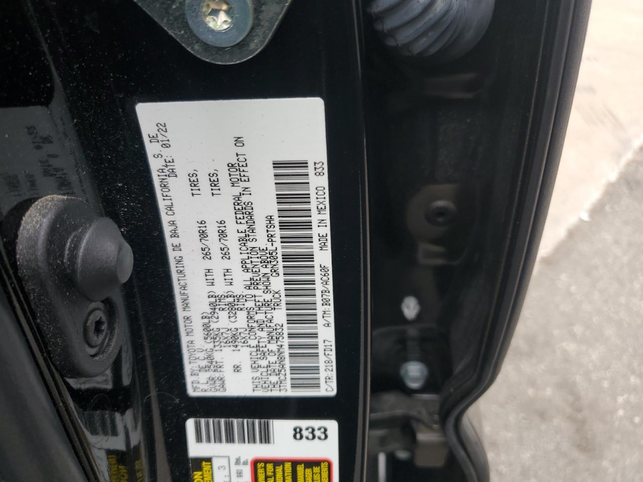 2022 TOYOTA TACOMA DOUBLE CAB VIN:3TMCZ5AN8NM475832