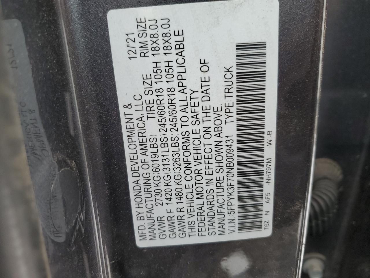 2022 HONDA RIDGELINE RTL VIN:5FPYK3F70NB009431