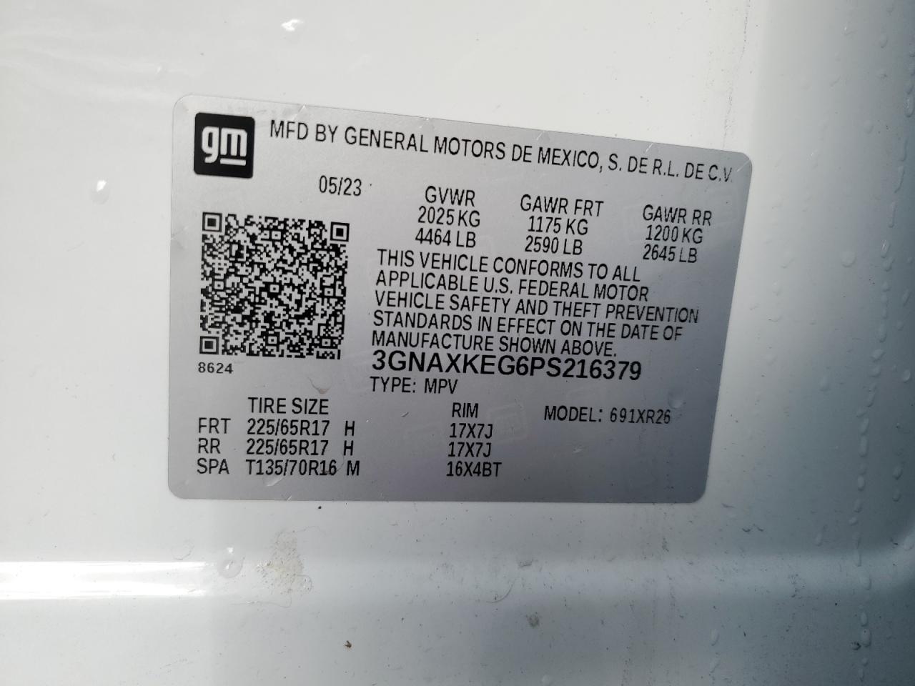 2023 CHEVROLET EQUINOX LT VIN:3GNAXKEG6PS216379