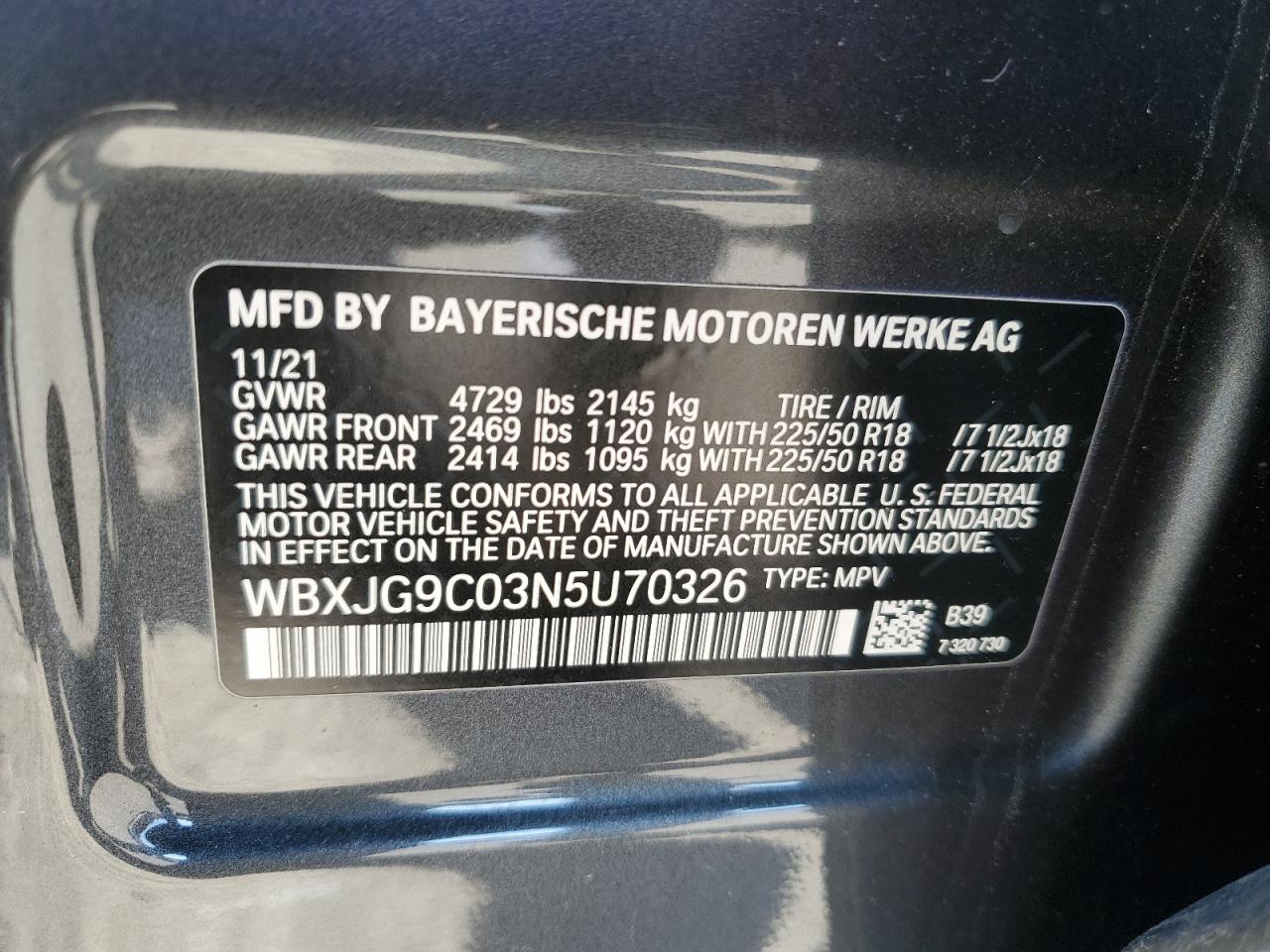 2022 BMW X1 XDRIVE28I VIN:WBXJG9C03N5U70326