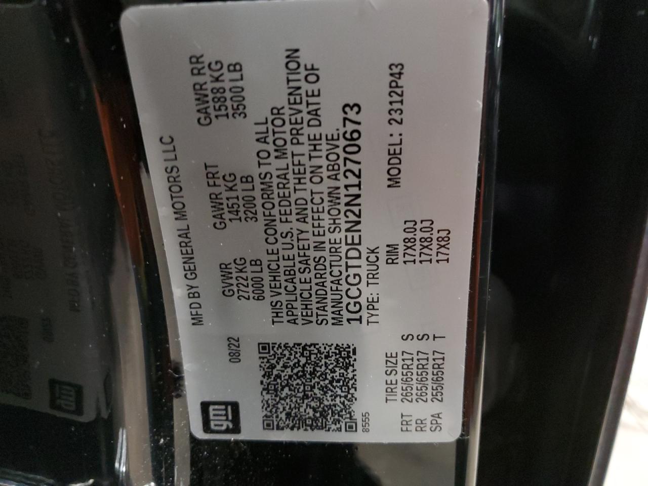 2022 CHEVROLET COLORADO Z71 VIN:1GCGTDEN2N1270673