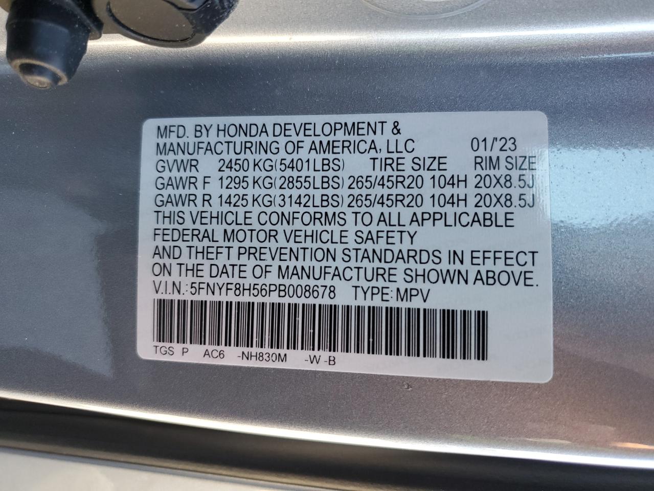 2023 HONDA PASSPORT EXL VIN:5FNYF8H56PB008678