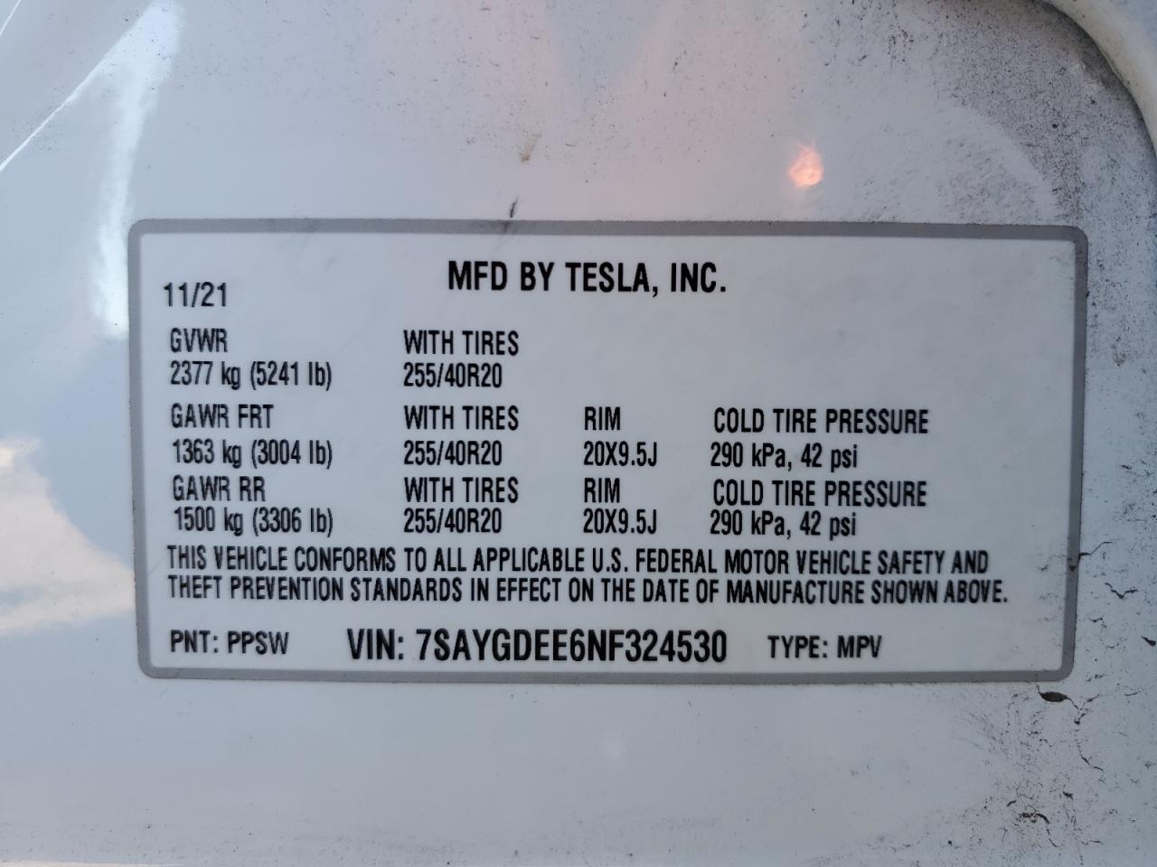 2022 TESLA MODEL Y  VIN:7SAYGDEE6NF324530