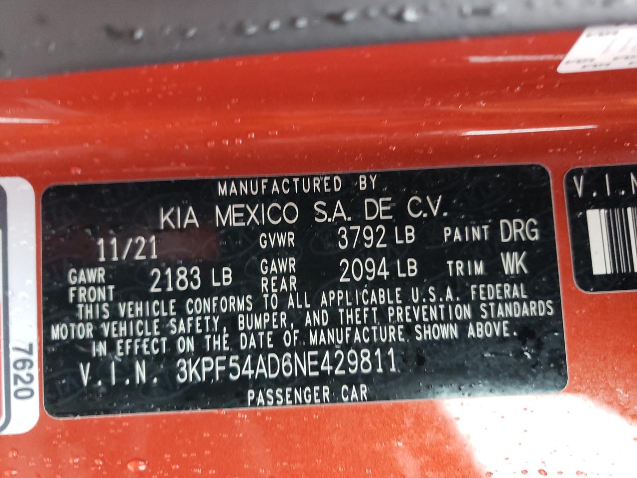 2022 KIA FORTE GT LINE VIN:3KPF54AD6NE429811