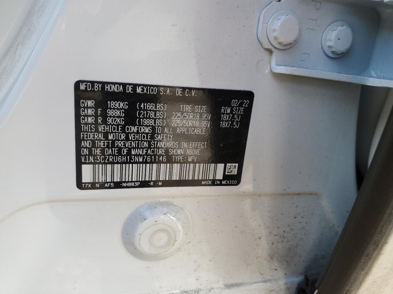 2022 HONDA HR-V SPORT VIN:3CZRU6H13NM761146