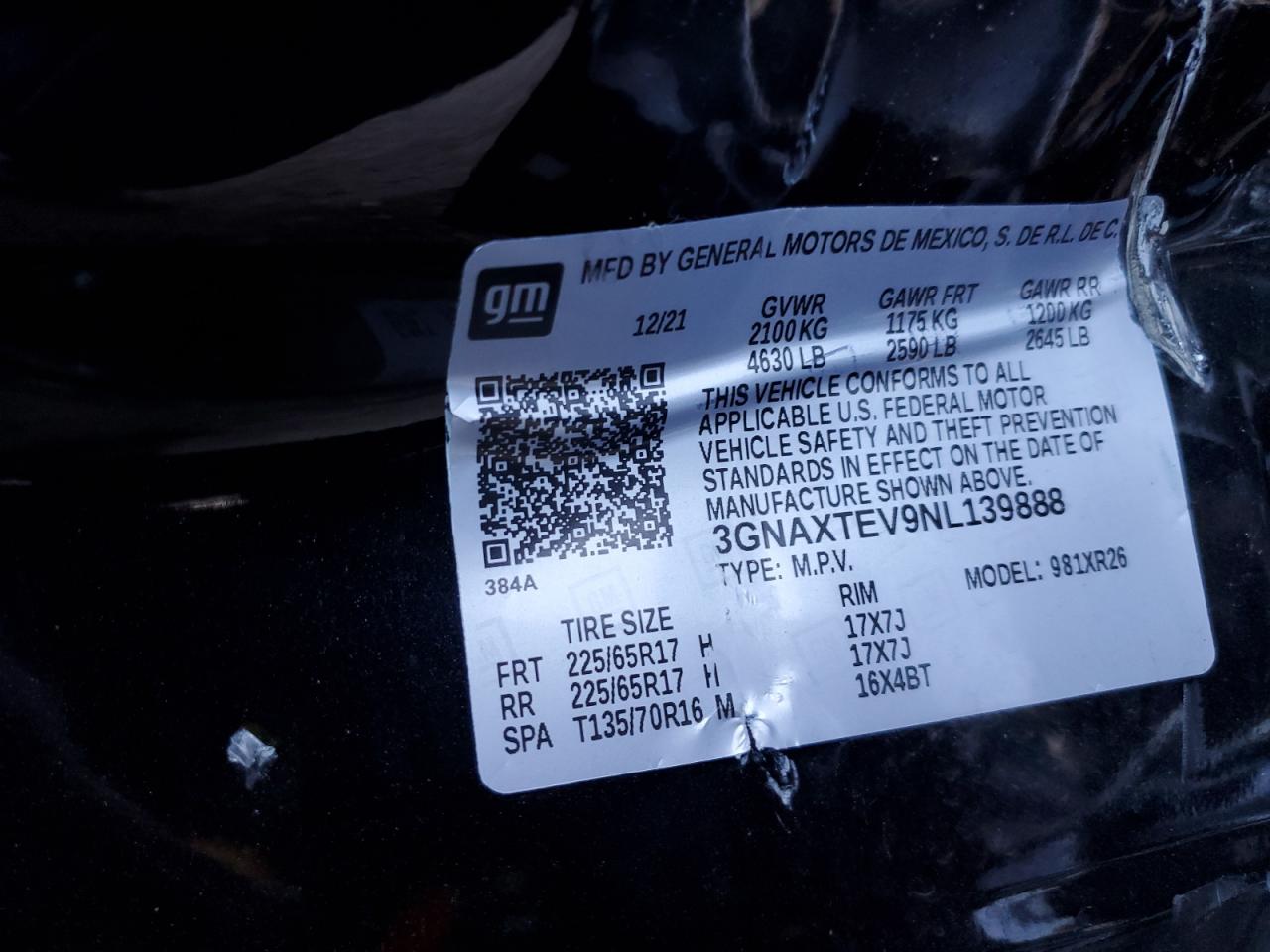 2022 CHEVROLET EQUINOX LT VIN:3GNAXTEV9NL139888