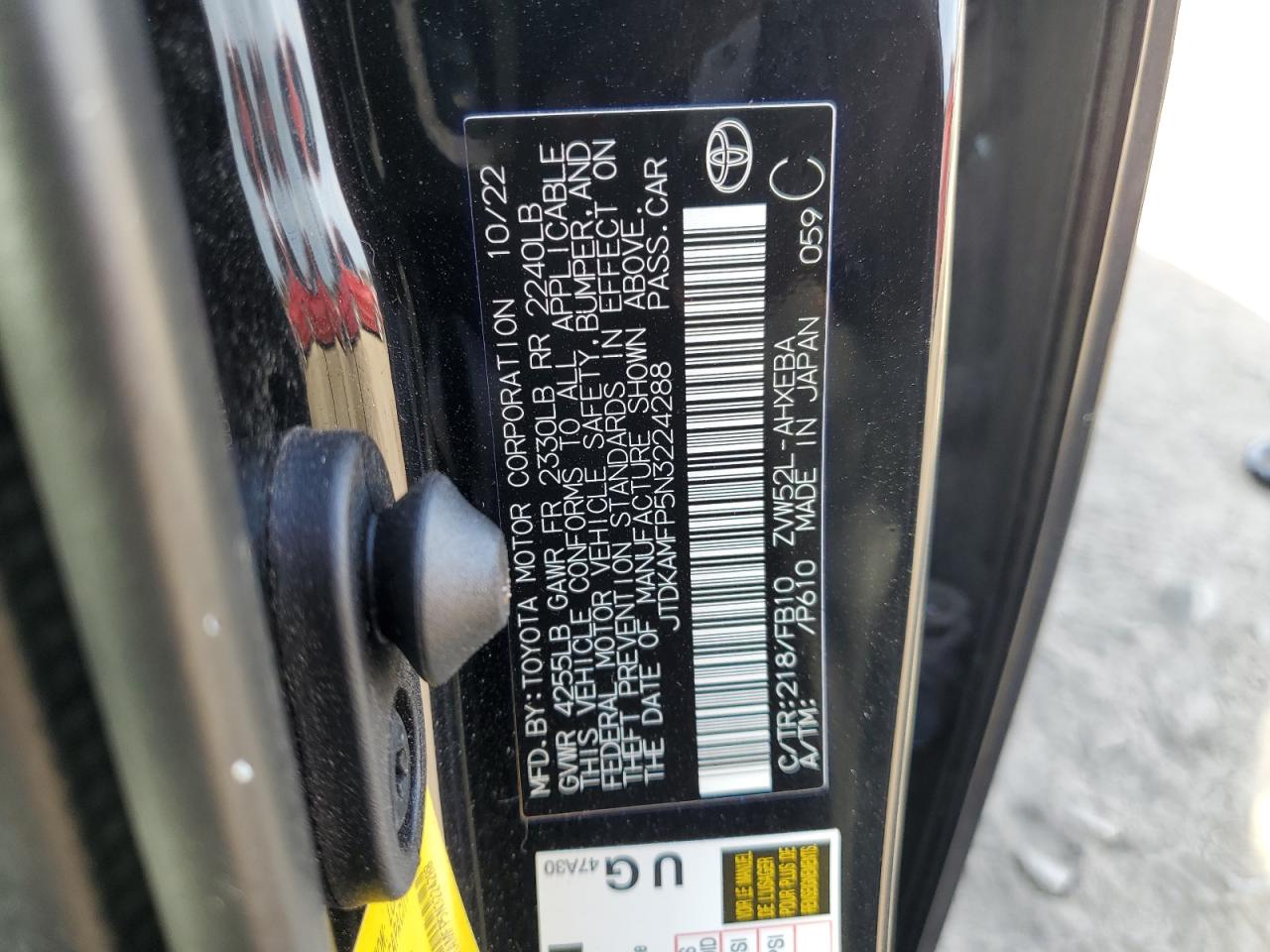 2022 TOYOTA PRIUS PRIME LE VIN:JTDKAMFP5N3224288