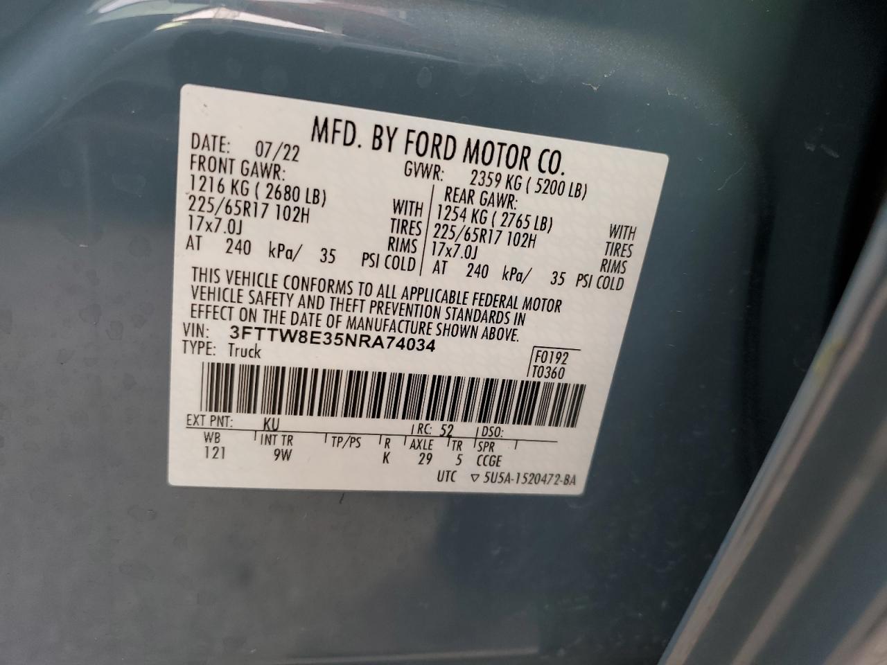 2022 FORD MAVERICK XL VIN:3FTTW8E35NRA74034