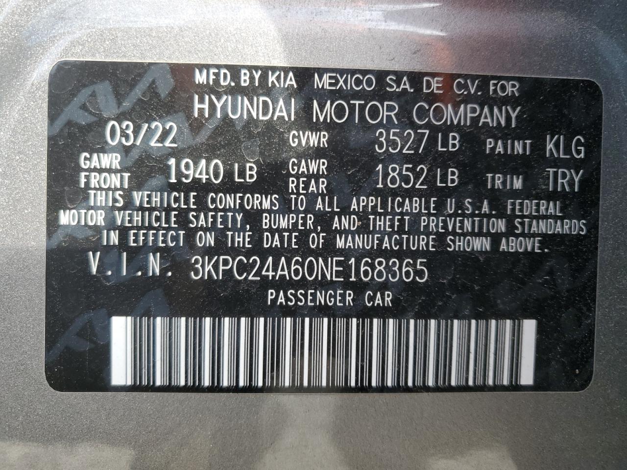 2022 HYUNDAI ACCENT SE VIN:3KPC24A60NE168365