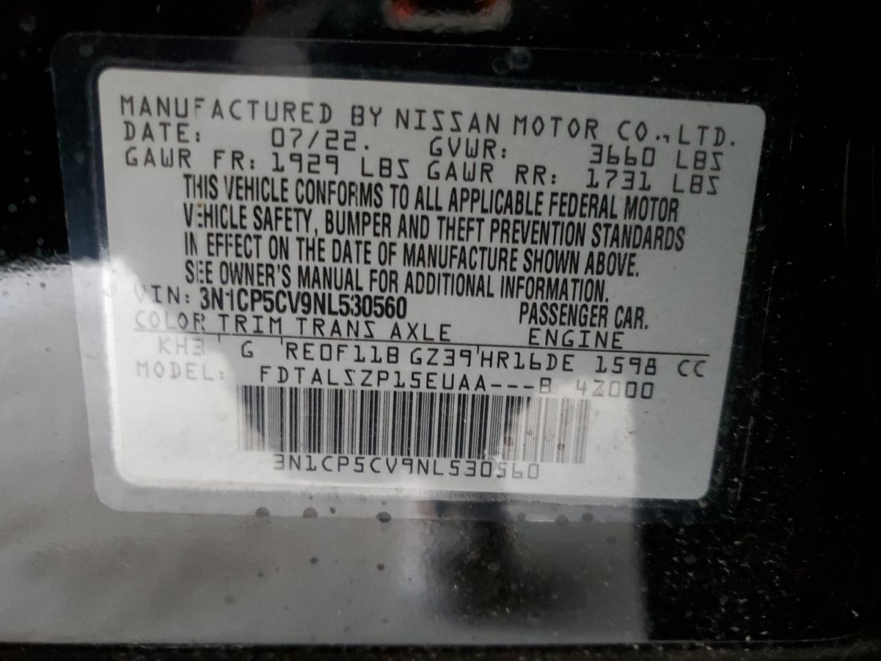 2022 NISSAN KICKS SV VIN:3N1CP5CV9NL530560