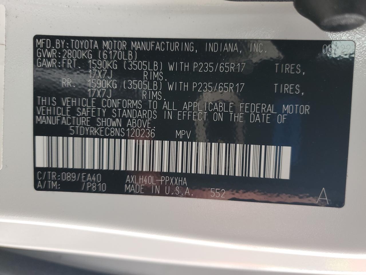 2022 TOYOTA SIENNA XLE VIN:5TDYRKEC8NS120236