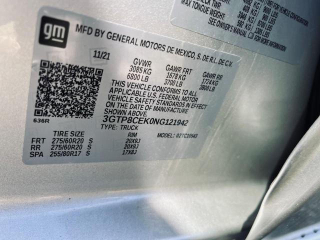 2022 GMC SIERRA LIMITED C1500 ELEVATION VIN:3GTP8CEK0NG121942
