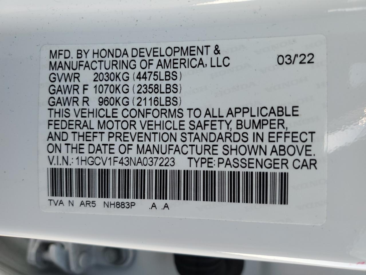 2022 HONDA ACCORD SPORT SE VIN:1HGCV1F43NA037223