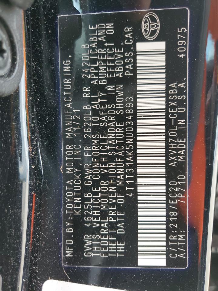 2022 TOYOTA CAMRY NIGHT SHADE VIN:4T1T31AK5NU034893