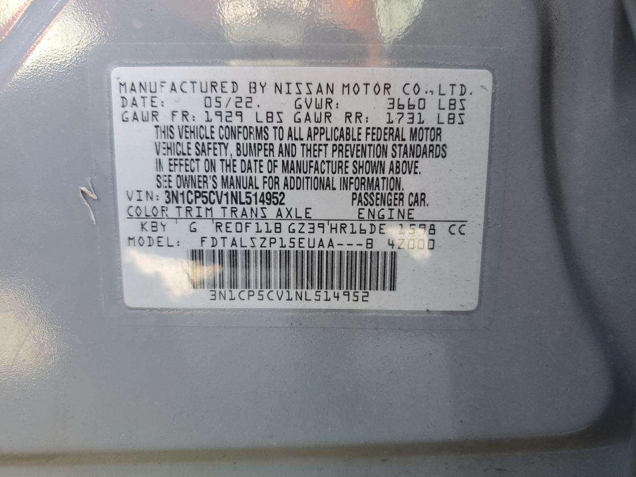 2022 NISSAN KICKS SV VIN:3N1CP5CV1NL514952