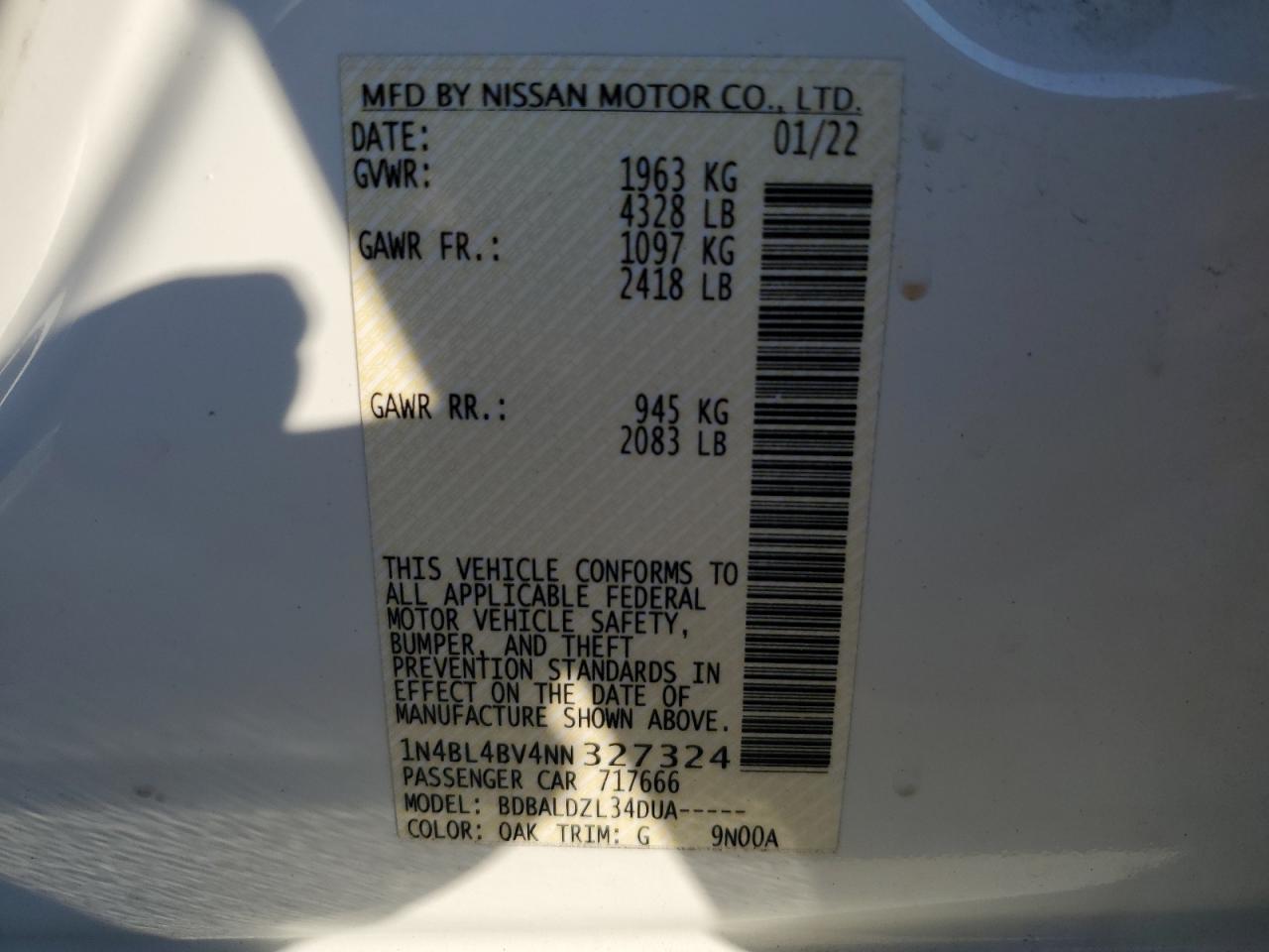 2022 NISSAN ALTIMA S VIN:1N4BL4BV4NN327324