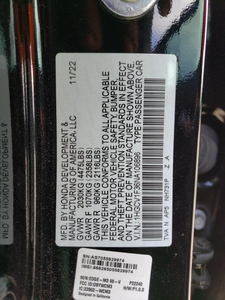 2022 HONDA ACCORD SPORT VIN:1HGCV1F36NA106896