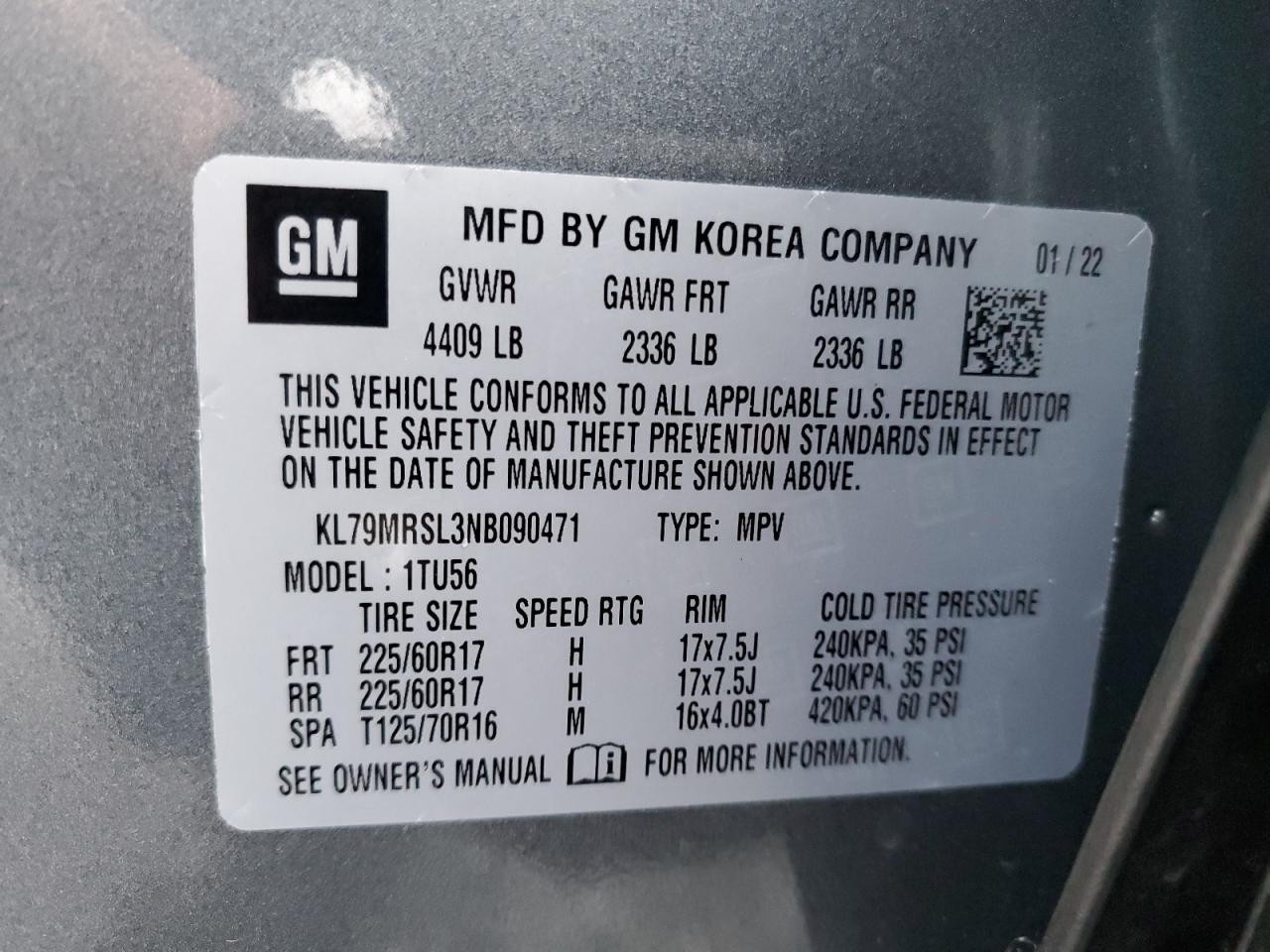 2022 CHEVROLET TRAILBLAZER LT VIN:KL79MRSL3NB090471