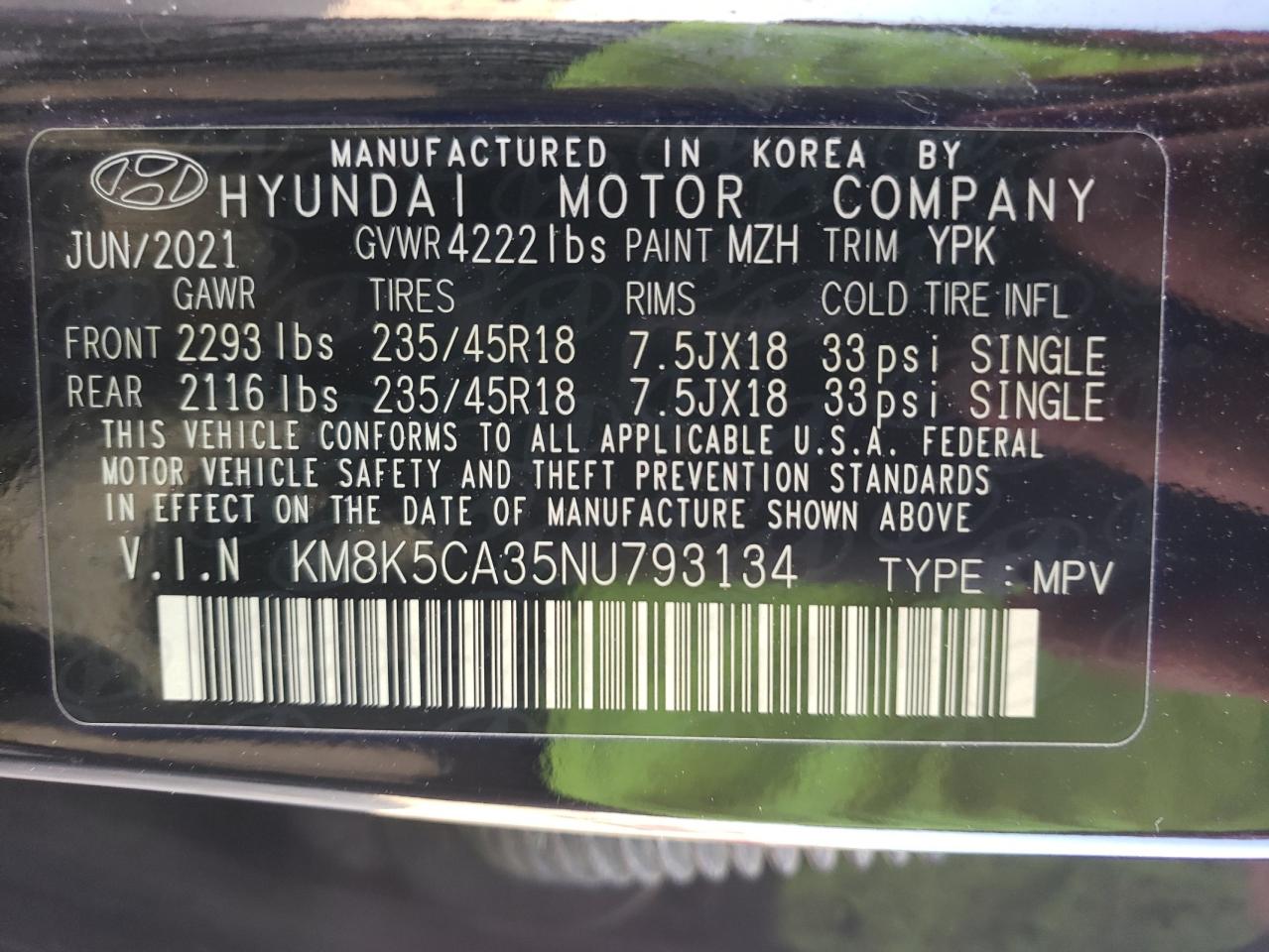 2022 HYUNDAI KONA LIMITED VIN:KM8K5CA35NU793134