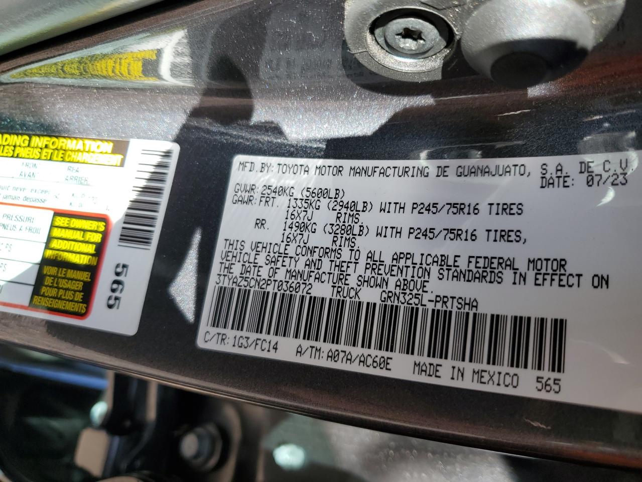 2023 TOYOTA TACOMA DOUBLE CAB VIN:3TYAZ5CN2PT036072