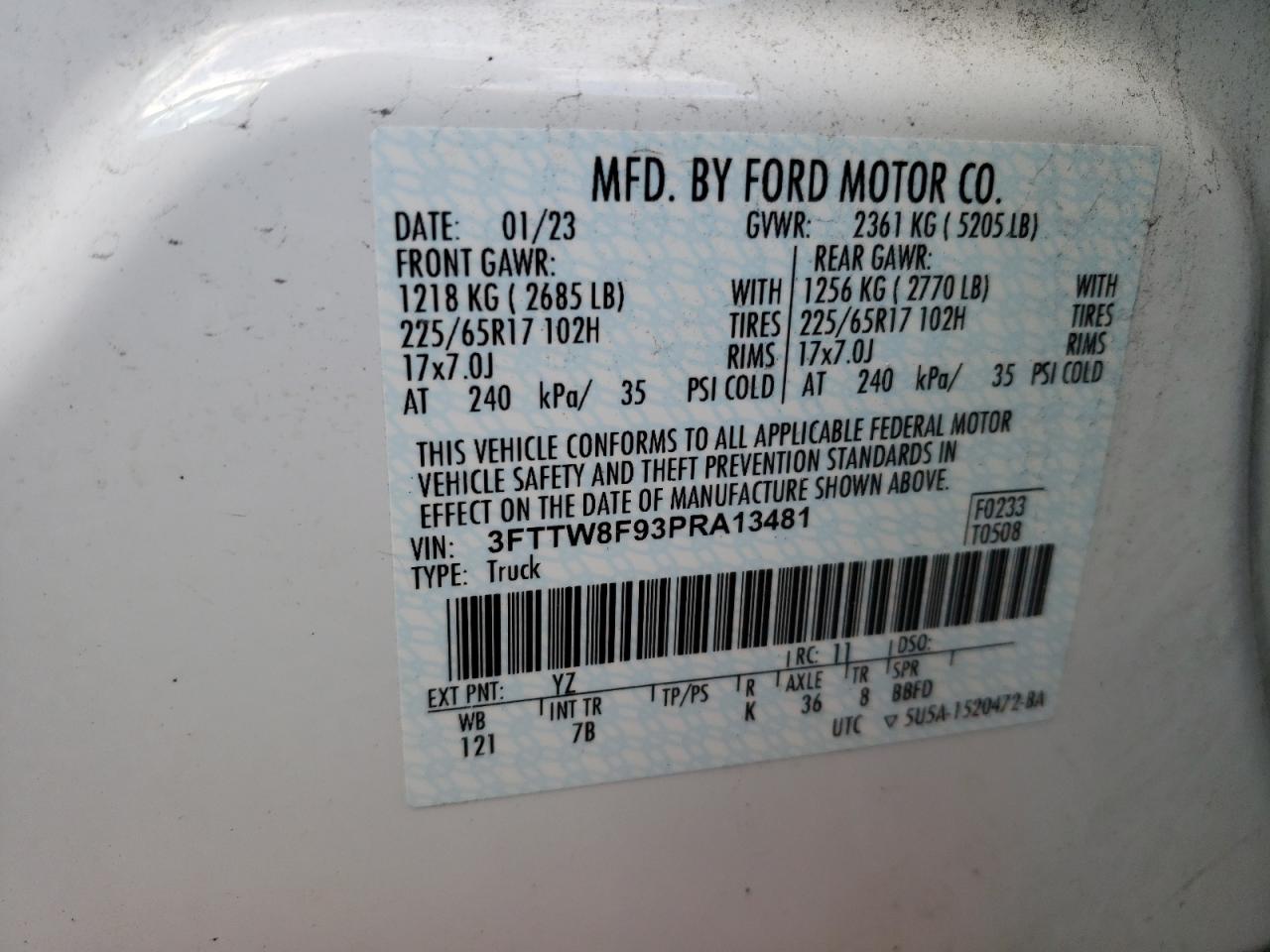 2023 FORD MAVERICK XL VIN:3FTTW8F93PRA13481