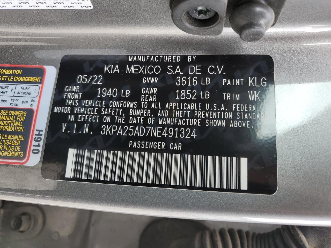 2022 KIA RIO S VIN:3KPA25AD7NE491324