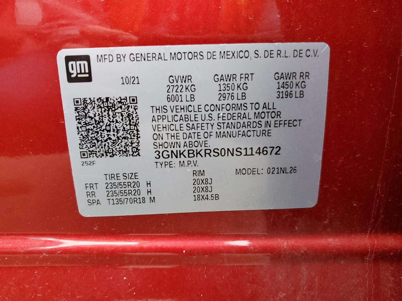 2022 CHEVROLET BLAZER RS VIN:3GNKBKRS0NS114672