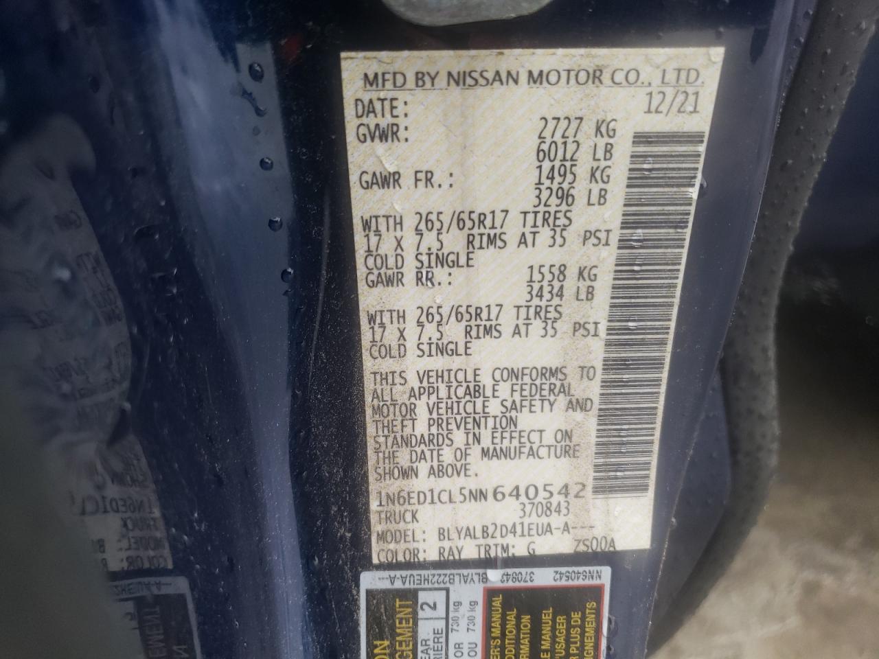 2022 NISSAN FRONTIER S VIN:1N6ED1CL5NN640542