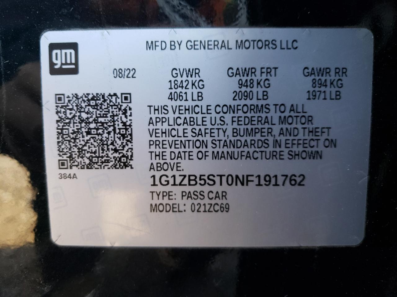 2022 CHEVROLET MALIBU LS VIN:1G1ZB5ST0NF191762