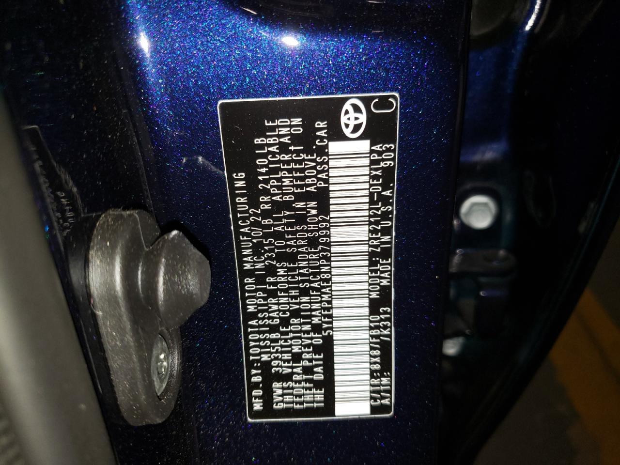 2022 TOYOTA COROLLA LE VIN:5YFEPMAE8NP379992