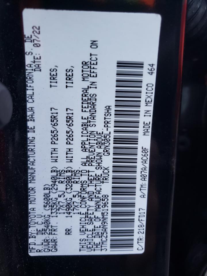 2022 TOYOTA TACOMA DOUBLE CAB VIN:3TMCZ5AN9NM519658