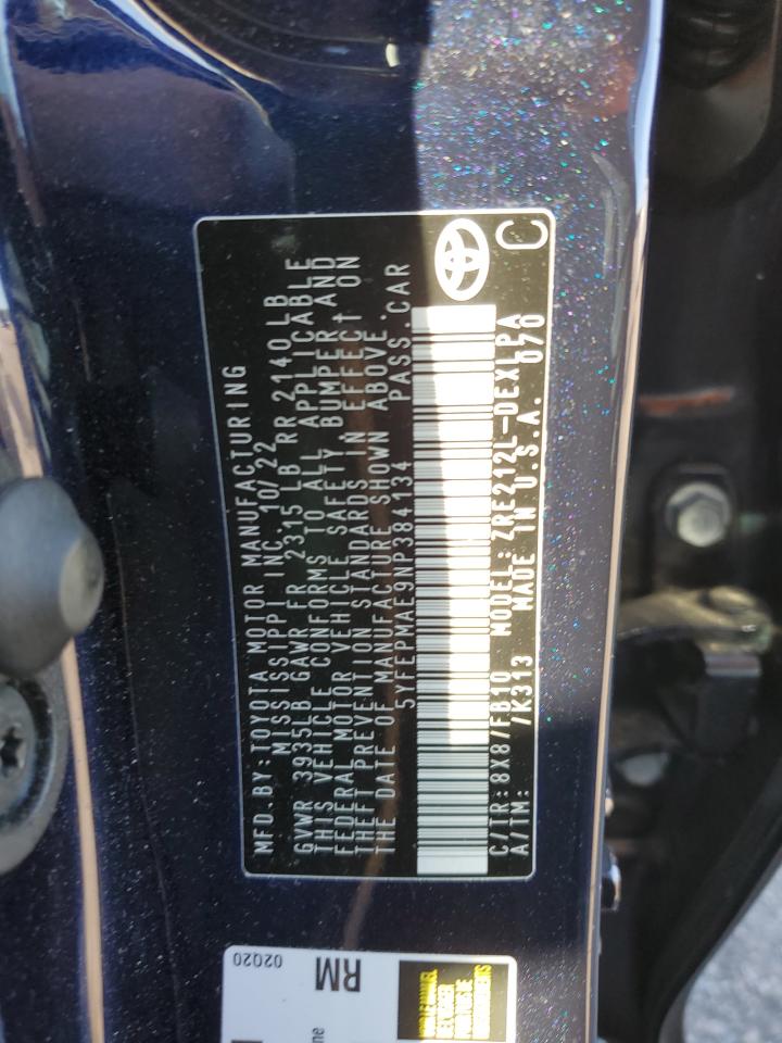 2022 TOYOTA COROLLA LE VIN:5YFEPMAE9NP384134