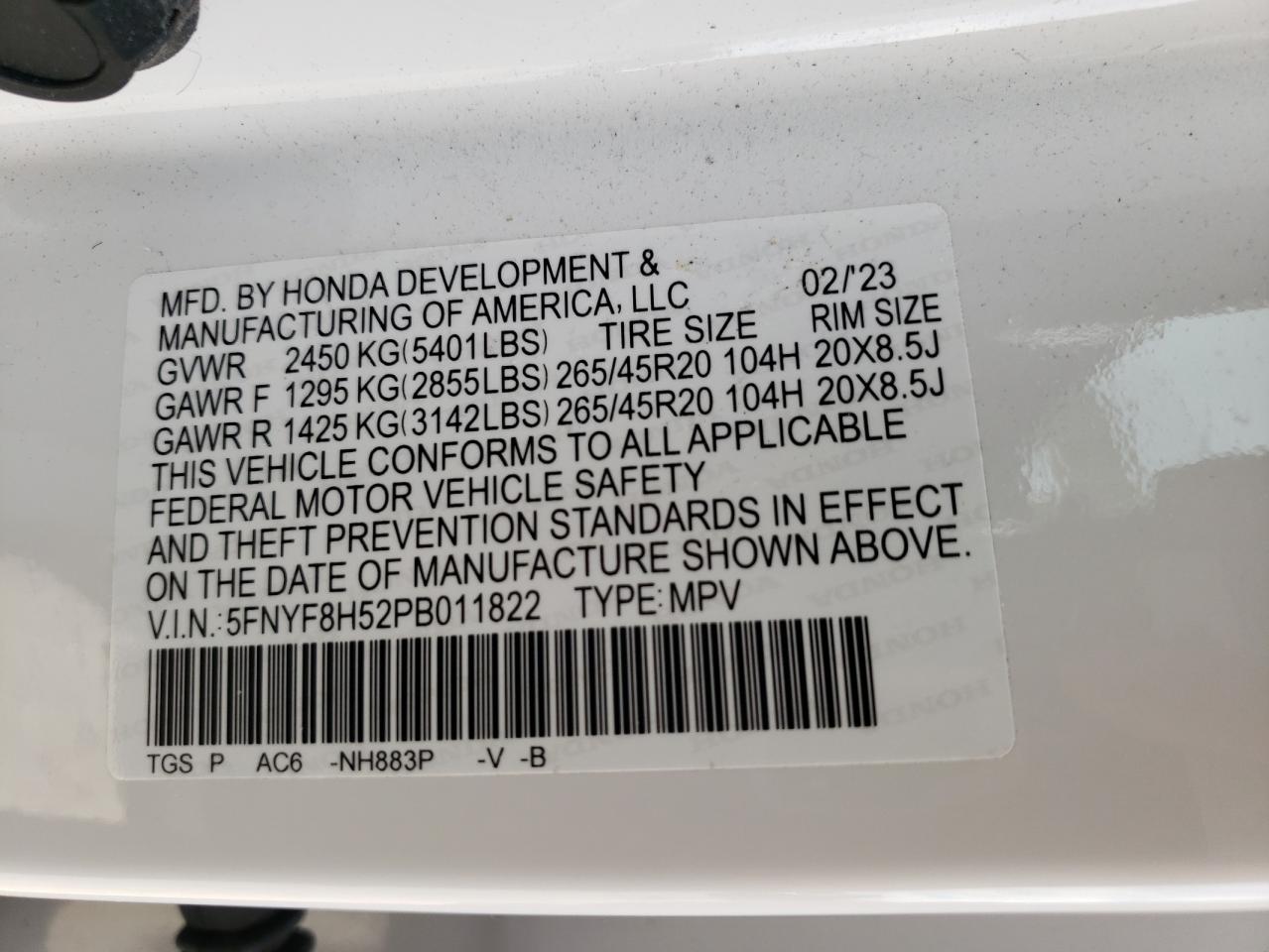2023 HONDA PASSPORT EXL VIN:5FNYF8H52PB011822