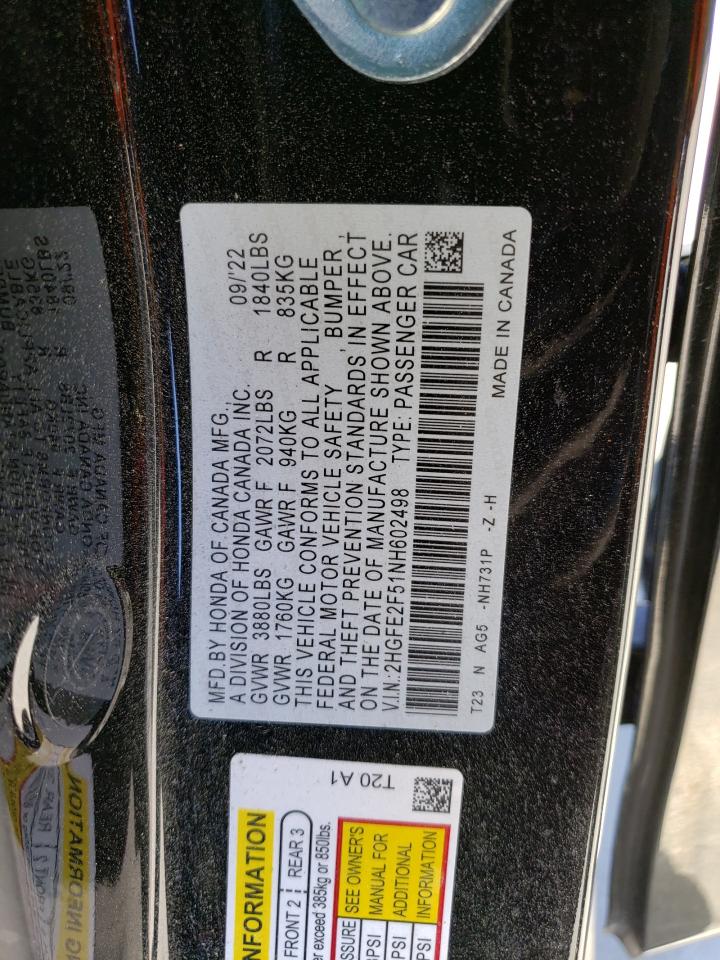 2022 HONDA CIVIC SPORT VIN:2HGFE2F51NH602498