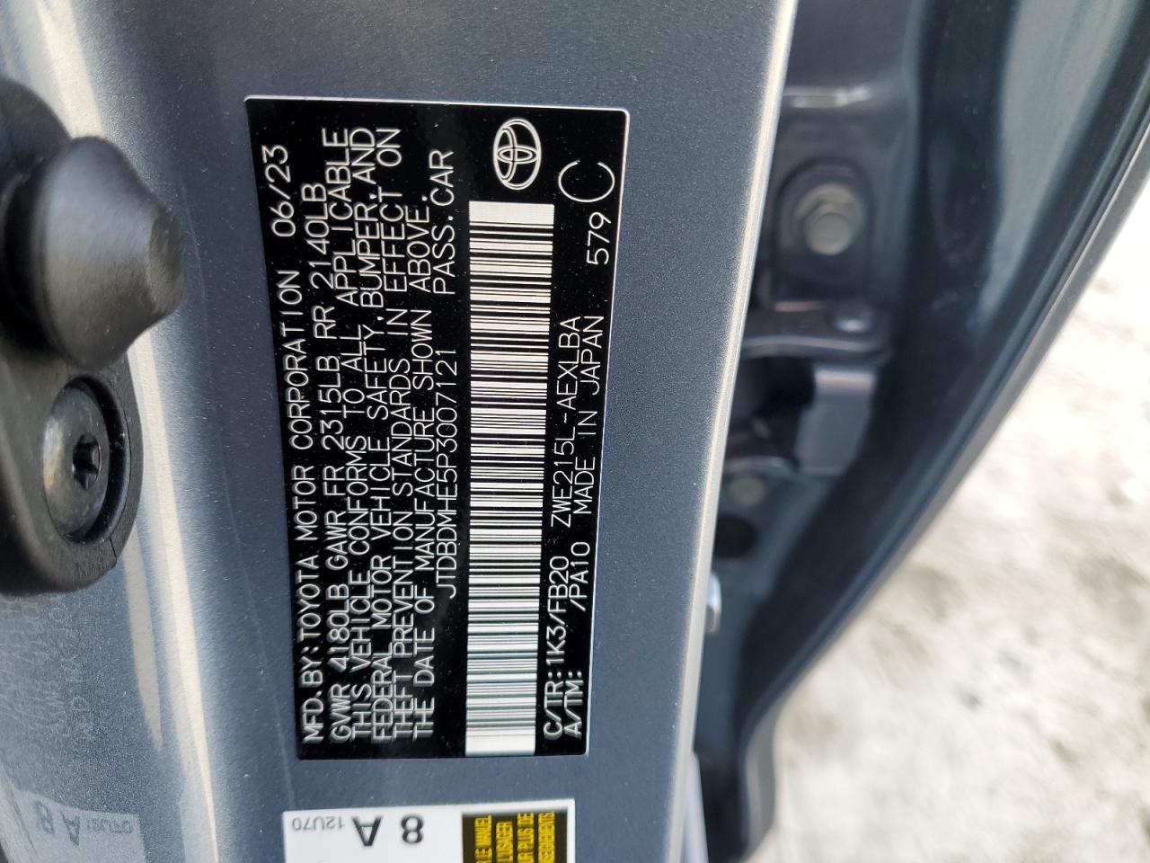 2023 TOYOTA COROLLA LE VIN:JTDBDMHE5P3007121